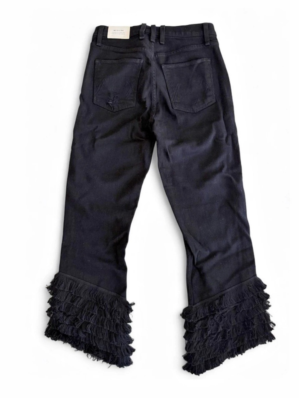 McGuire Denim The Cha Cha Jeans Late Night Black Tiered Fringe Cropped Flare Siz
